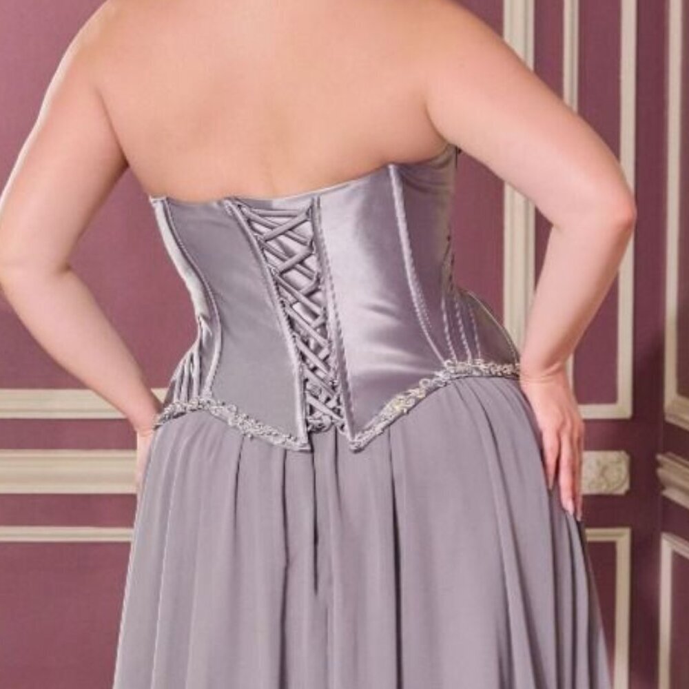 New Dark Silver Rhinestones Embellished Plus Size Gown w/ Corset Bodice CD668C - Picture 8 of 9